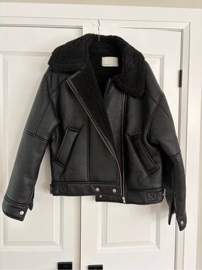 OAK + FORT Black Faux Leather Shearling-Lined Moto Jacket